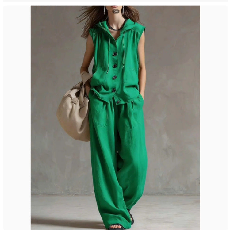Sleeveless Loose Casual Hooded Top High-Waist Wide-Leg Pants Set 