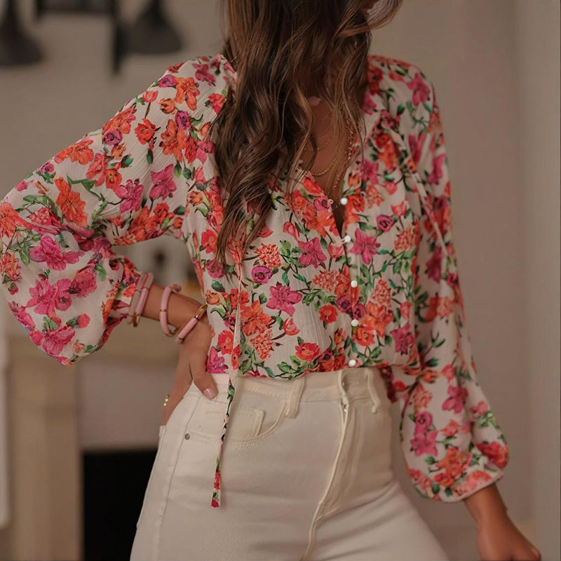 “Boho Floral V-Neck Drawstring Blouse — Long Sleeve Floral Top” CJ US