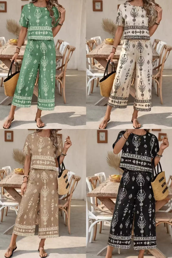 Women's Contrast-Colored Ethnic-Style Printed Set 