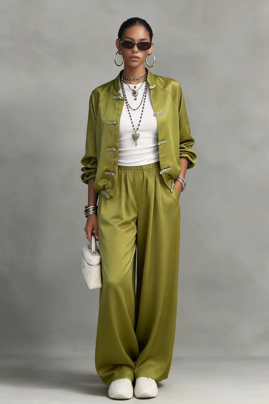 Satin set with hanging wide leg pants and drawstring two-piece set 
