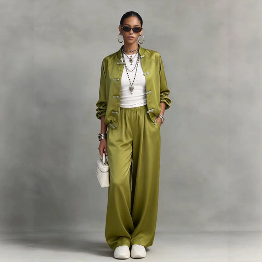 Satin set with hanging wide leg pants and drawstring two-piece set 