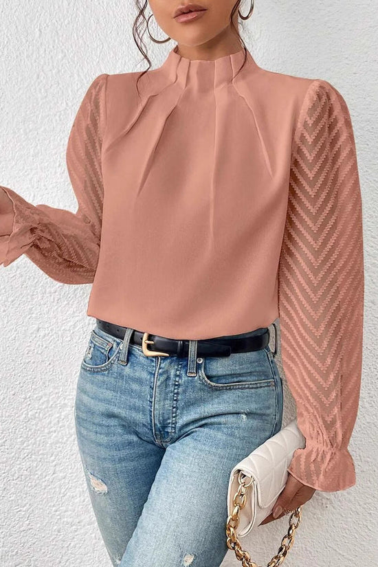 Autumn Winter New Women's High Neck Spliced Wave Pattern Chiffon Long Sleeve Top 
