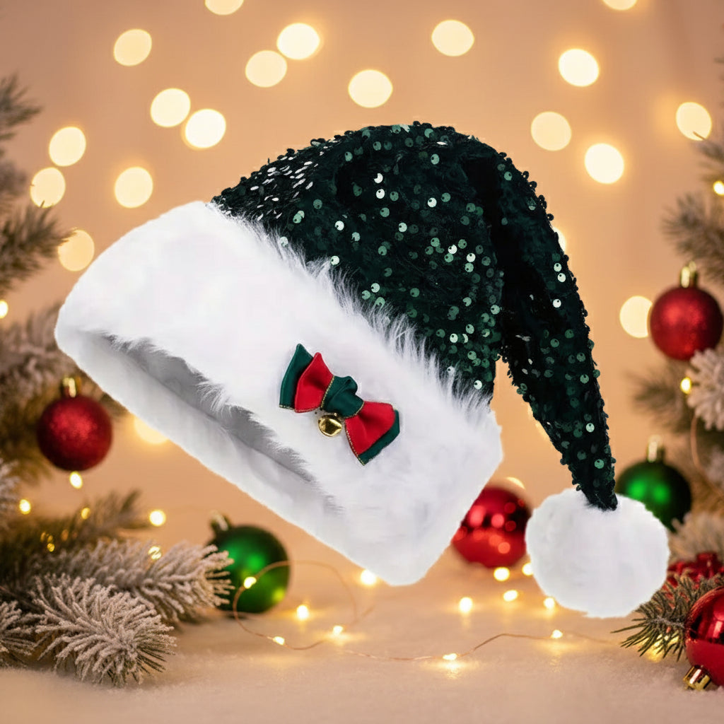 Christmas Hat Red Paillette Bowknot Plush Decorative Hat CJ