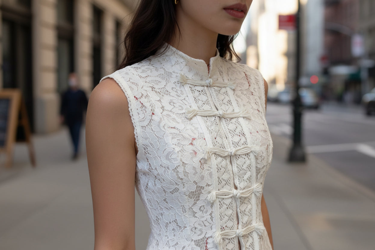 Fashionable Lace Crochet Stand Collar Slim-fit Sleeveless Shirt 