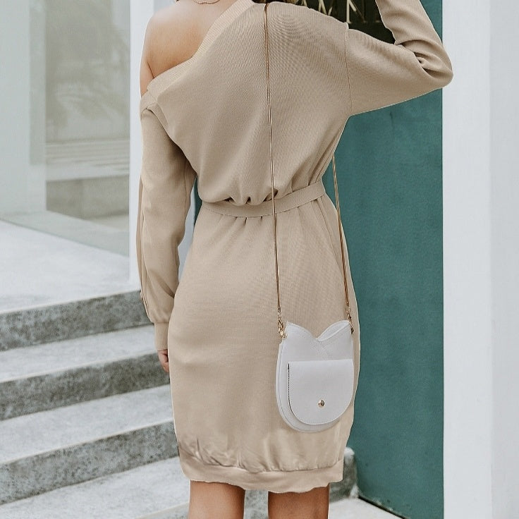 Ladies' Casual Solid Color Sloping Shoulder Collar Fashionable Dress CJ