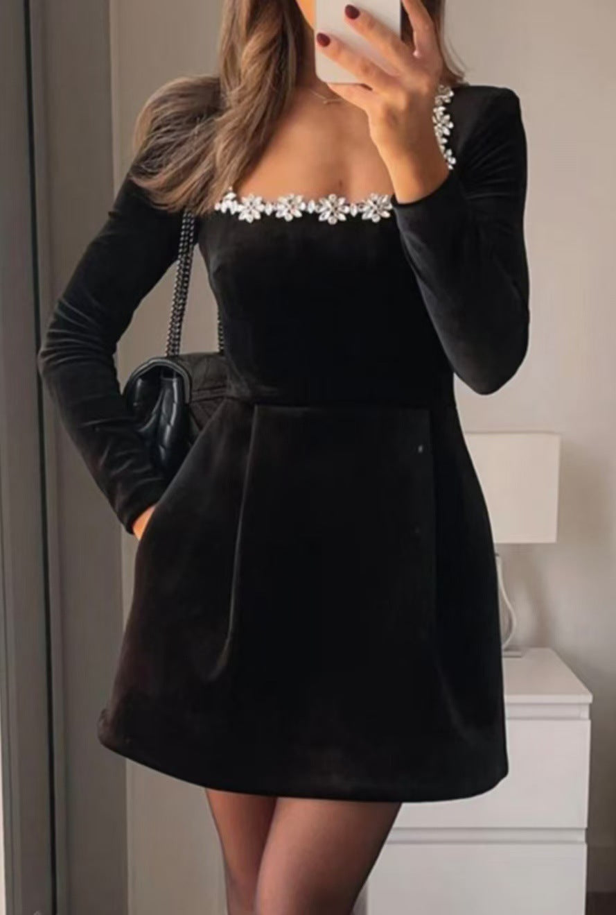 Christmas Elegant Square Neck Long-sleeved Dress With Flowers Rhinestone Design Fashion A-line Short Dresses Spring Clothing For Women CJ
