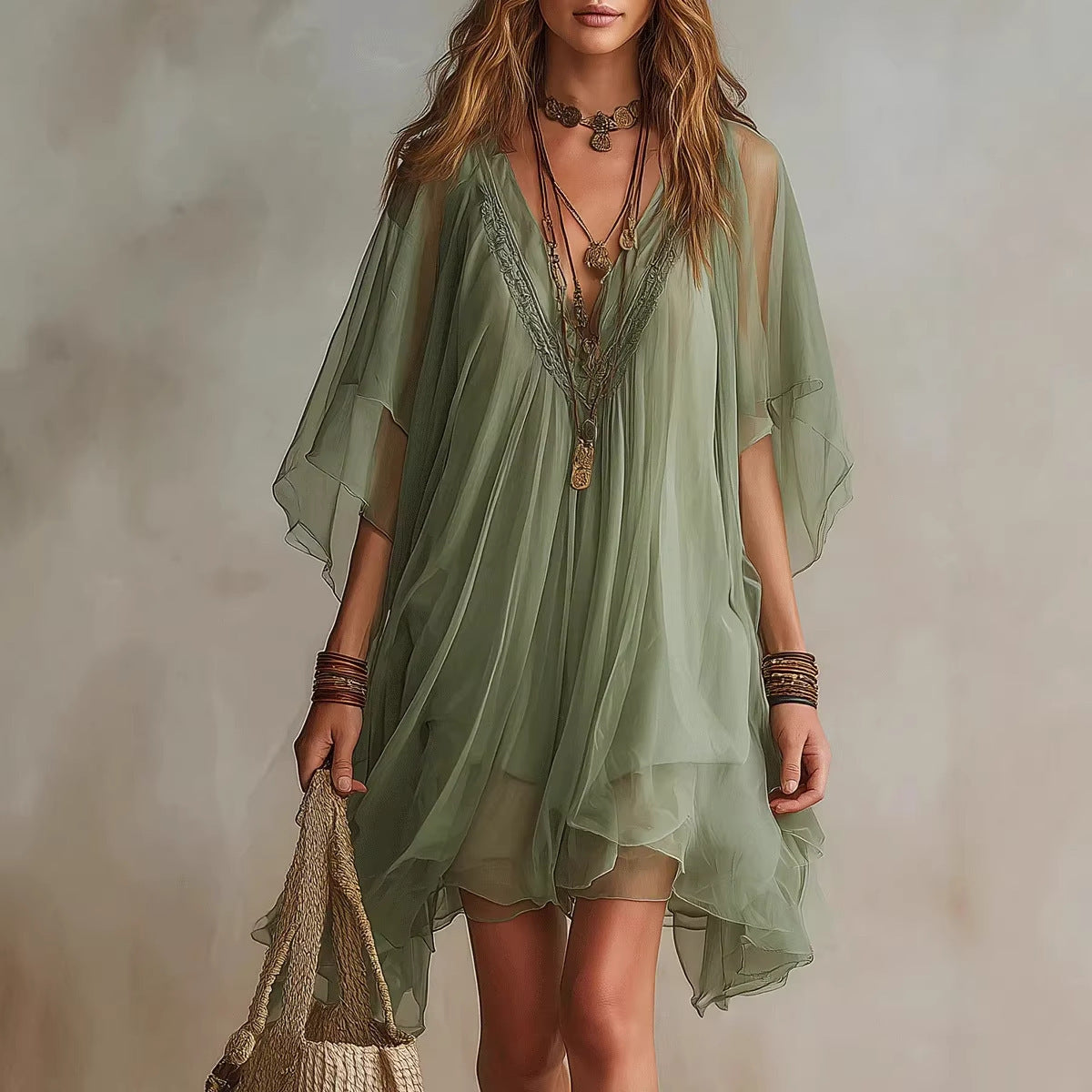V-neck Chiffon Loose-fitting Resort Blouse And Beach Skirt 