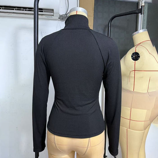 Women's Solid Color Ribbed Turtleneck Top, Half-Zip Long Sleeve Knit Shirt For Autumn 