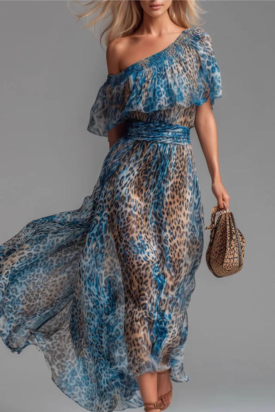 Leopard Print Chiffon Dress with Asymmetrical Shoulder, Ruffle, Waist Cinching, Vacation Long Dress 