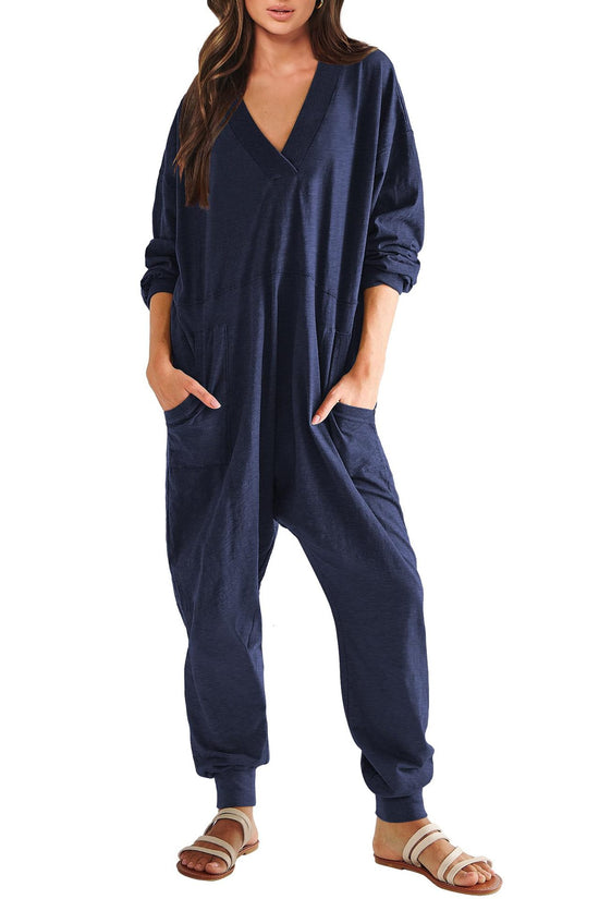 Women's V-neck Long Sleeve Solid Color Loose Jumpsuit With Two Side Pockets 