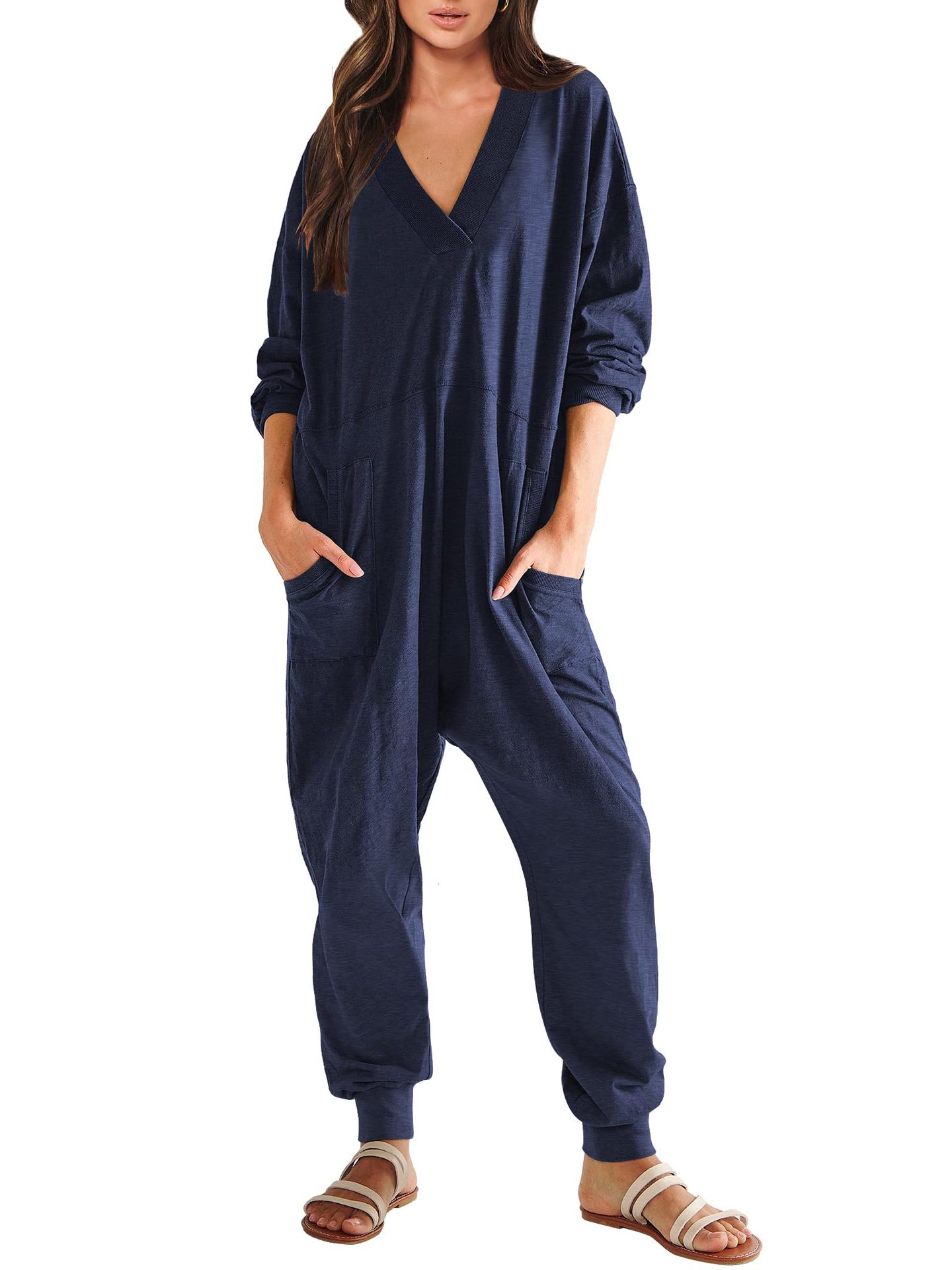 Women's V-neck Long Sleeve Solid Color Loose Jumpsuit With Two Side Pockets 