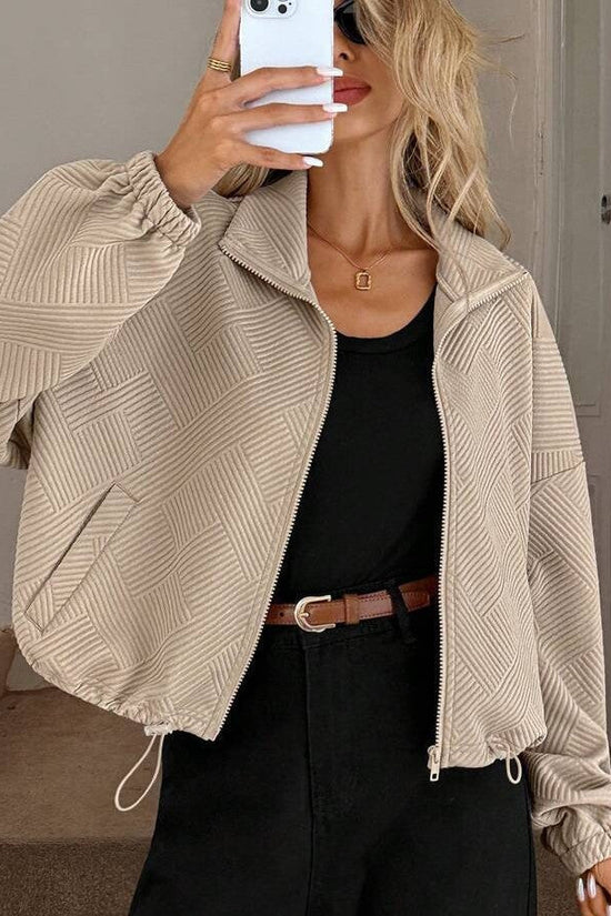High neck zipper hem drawstring pocket women's loose jacket 