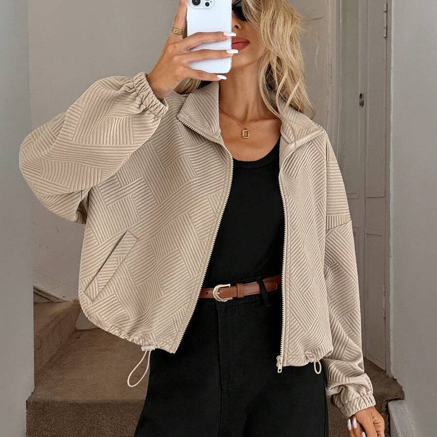 High neck zipper hem drawstring pocket women's loose jacket 