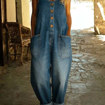 Women's Buckle Jumpsuit Casual Retro Multi-Pocket Overalls Pants 