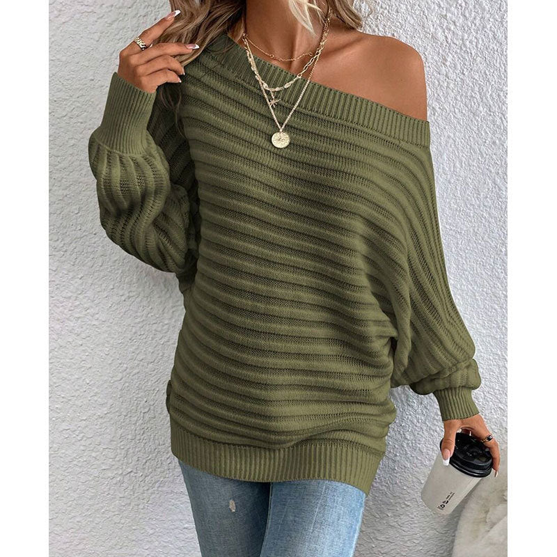 Off-Shoulder Batwing Sweater – Loose Knit Pull-Over for Fall CJ US