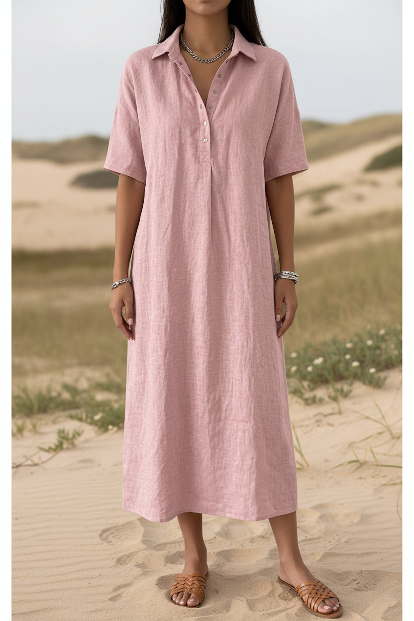 Casual Straight Fit Comfortable Linen Short Sleeve Polo Neck Dress for Women 