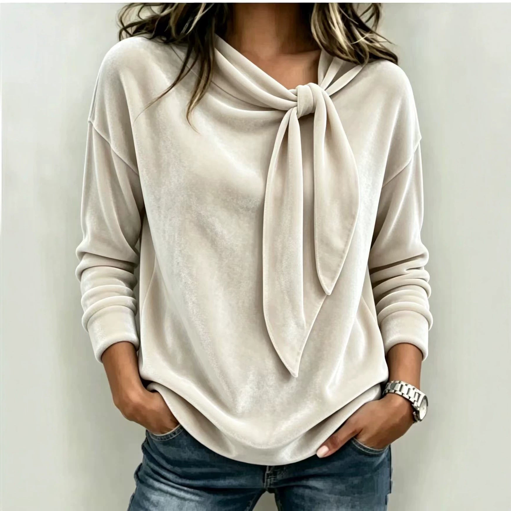Solid color long sleeved bow top 