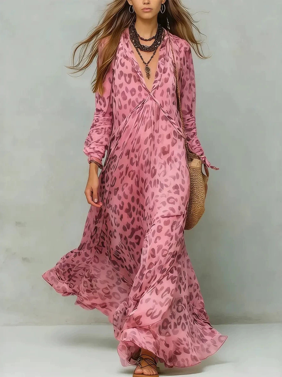 Leopard Print Chiffon Long Dress Deep V-Neck Three-Quarter Sleeve Flared Beach Vacation Dress 