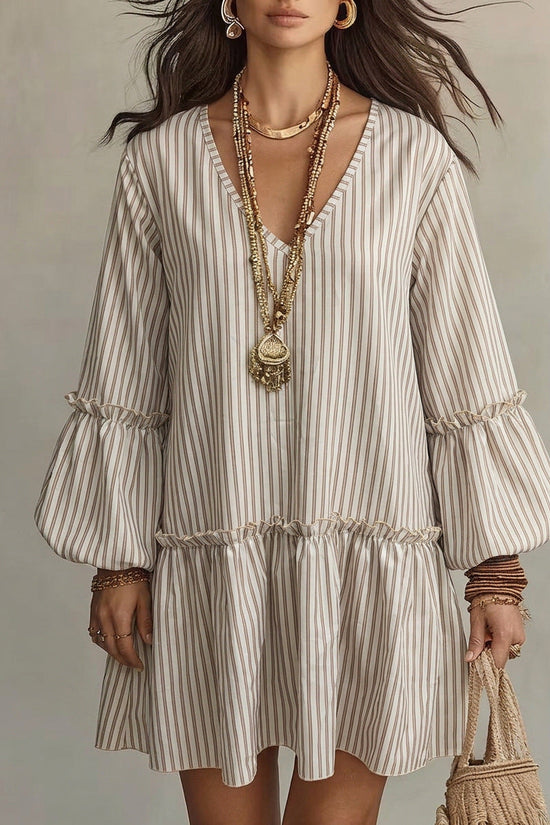 Style Autumn New Women's Long Sleeve Dress Stripe Print V-Neck Lantern Sleeve Loose Mini Dress 