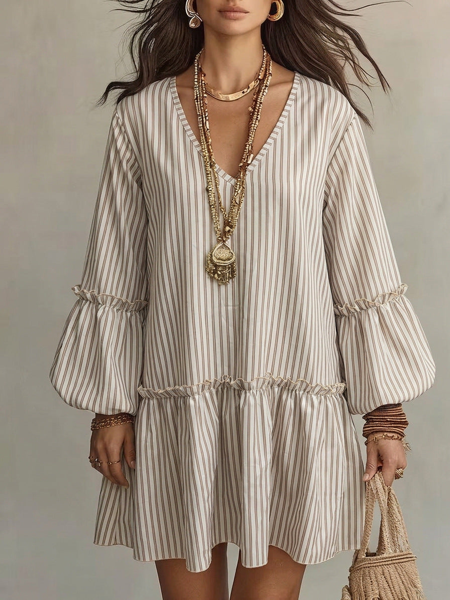 Style Autumn New Women's Long Sleeve Dress Stripe Print V-Neck Lantern Sleeve Loose Mini Dress 