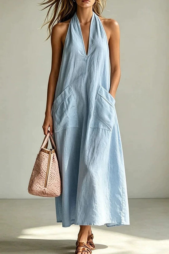 Cotton Halterneck Sleeveless Deep V-Neck Loose Straight-Line Dress 