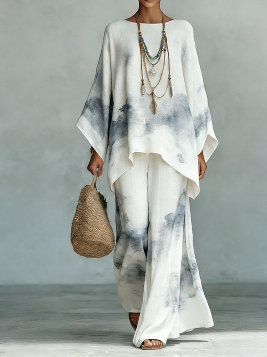 Women's Floral Print Linen Wide-Leg Two-Piece Set 