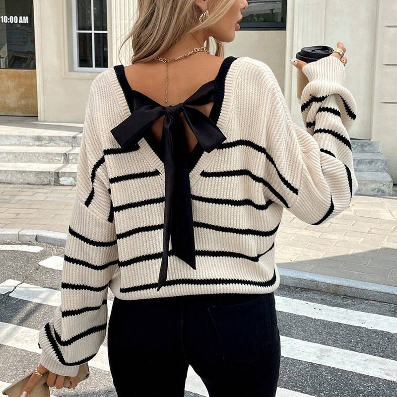 Women's Elegant Striped V-Neck Sweater, Back Tie Bow Detail Loose Fit Pullover For Spring And Fall 
