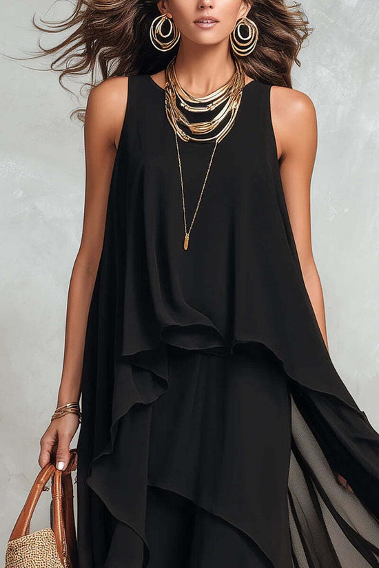 Chic Flowy Black Sleeveless Asymmetrical Chiffon Long Dress 