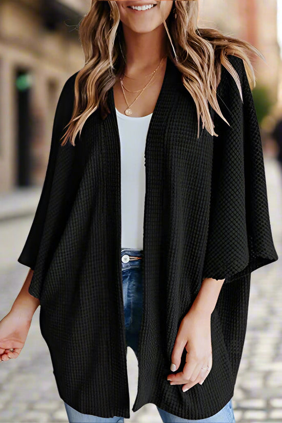 Women’s Bat Sleeve Knit Cardigan – Waffle Texture Open Front Sweater CJ US