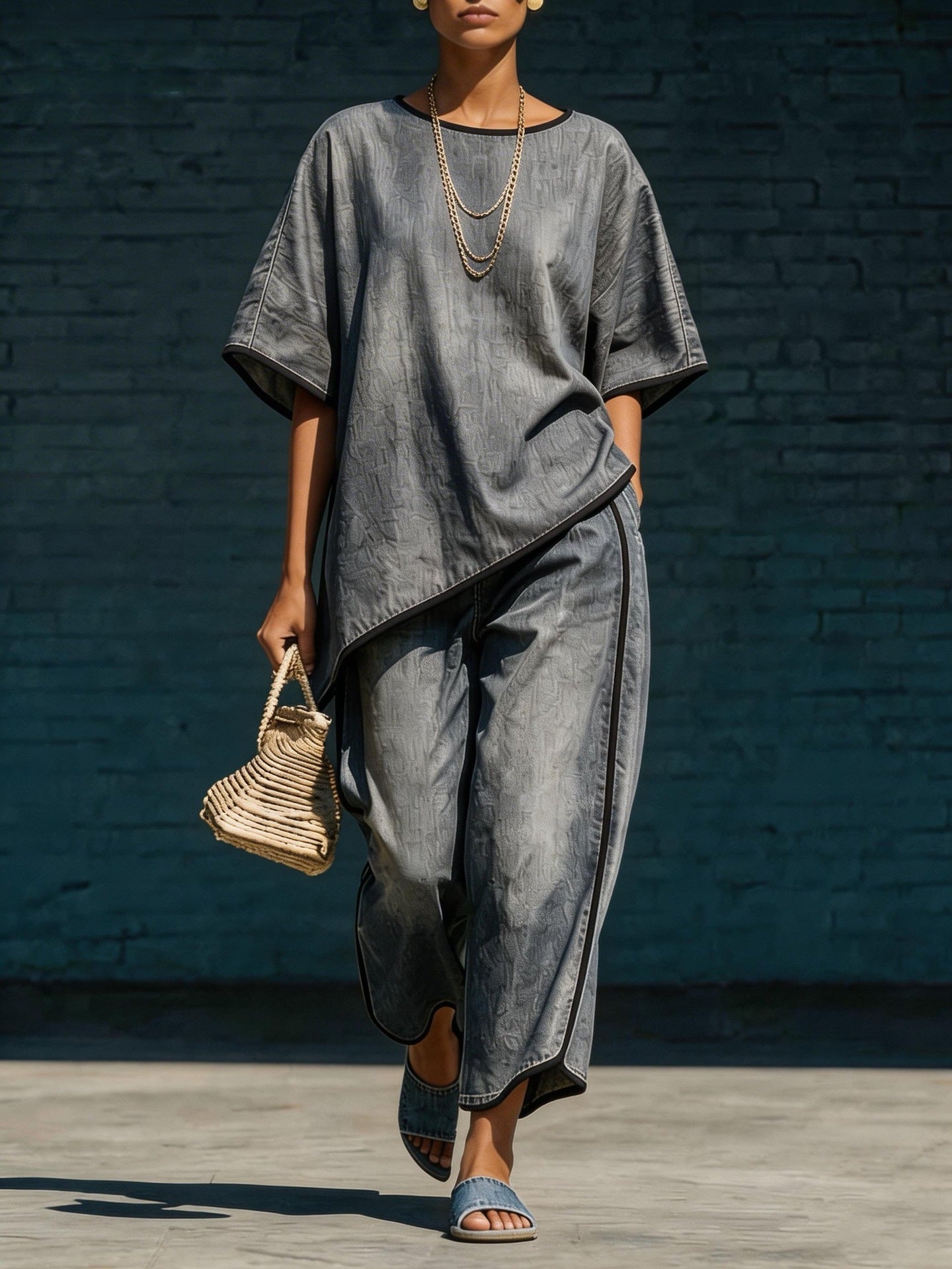 Elegant Casual Denim-Style Loose Wide-Leg Pants Two-Piece Set 