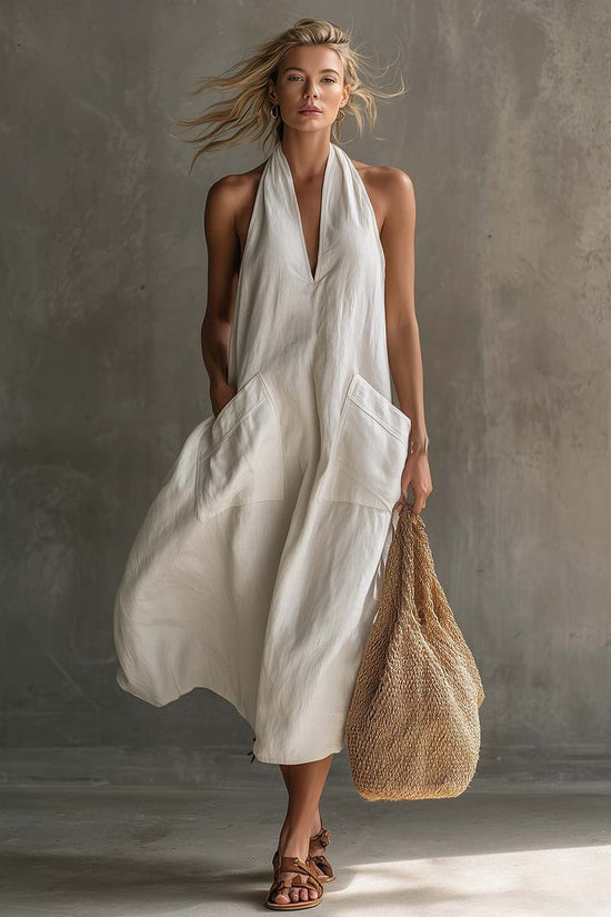 Casual Retro V-Neck Slip Linen Dress 