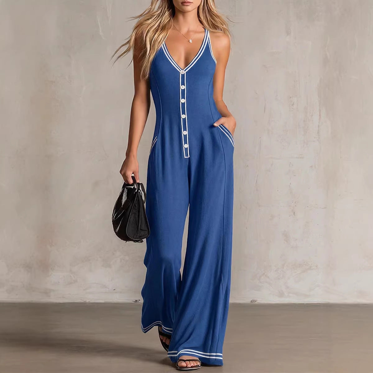 Womens V-Neck Casual Loose Backless Wide-Leg Jumpsuit 
