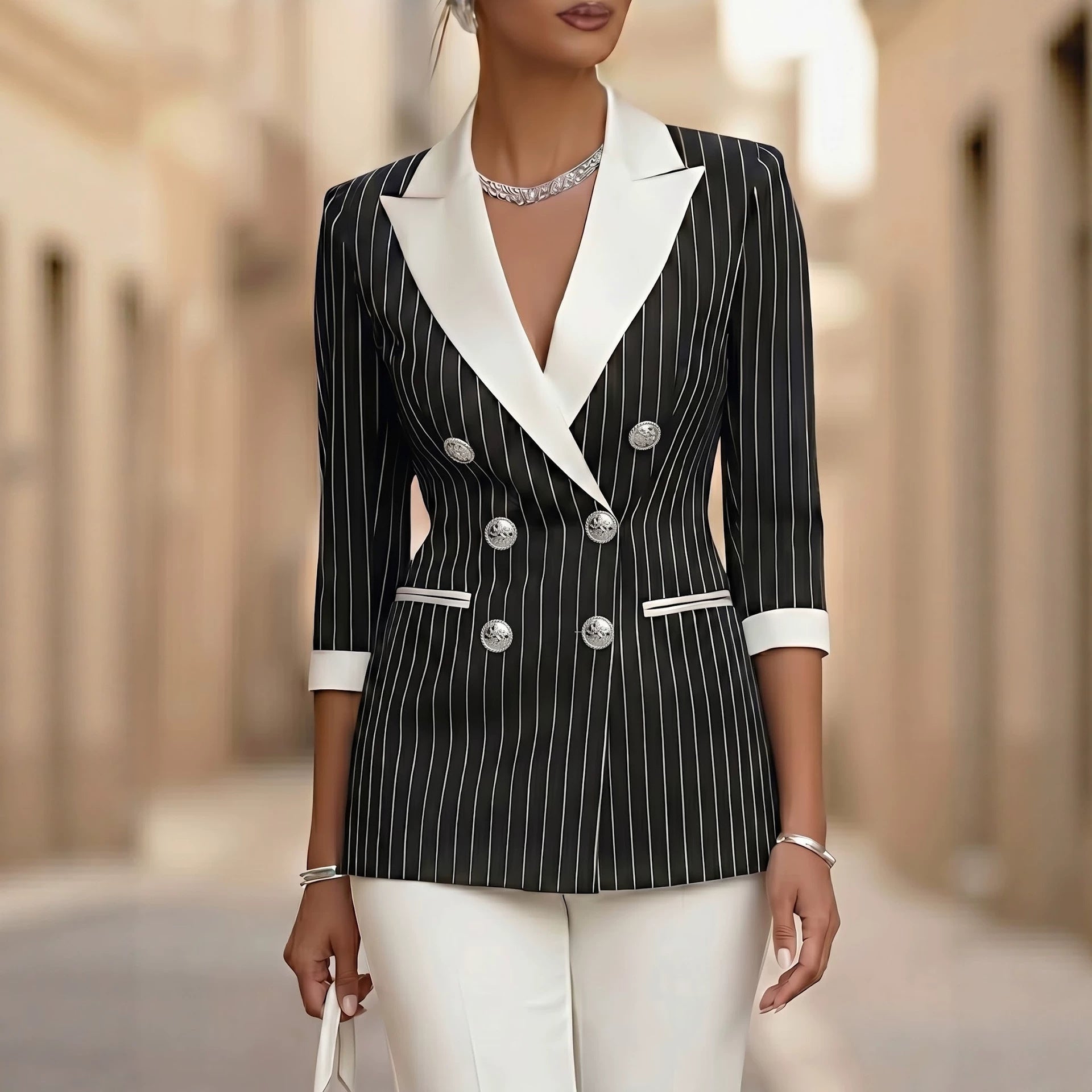 Style Black and White Thin Stripe Color-Blocked Notch Lapel Double-Breasted Three-Quarter Sleeve Suit Jacket for Women 