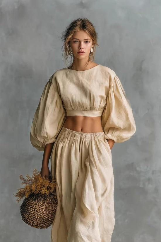 Crew-neck Puffed-sleeve Pocketed Pants Casual Womens Set 