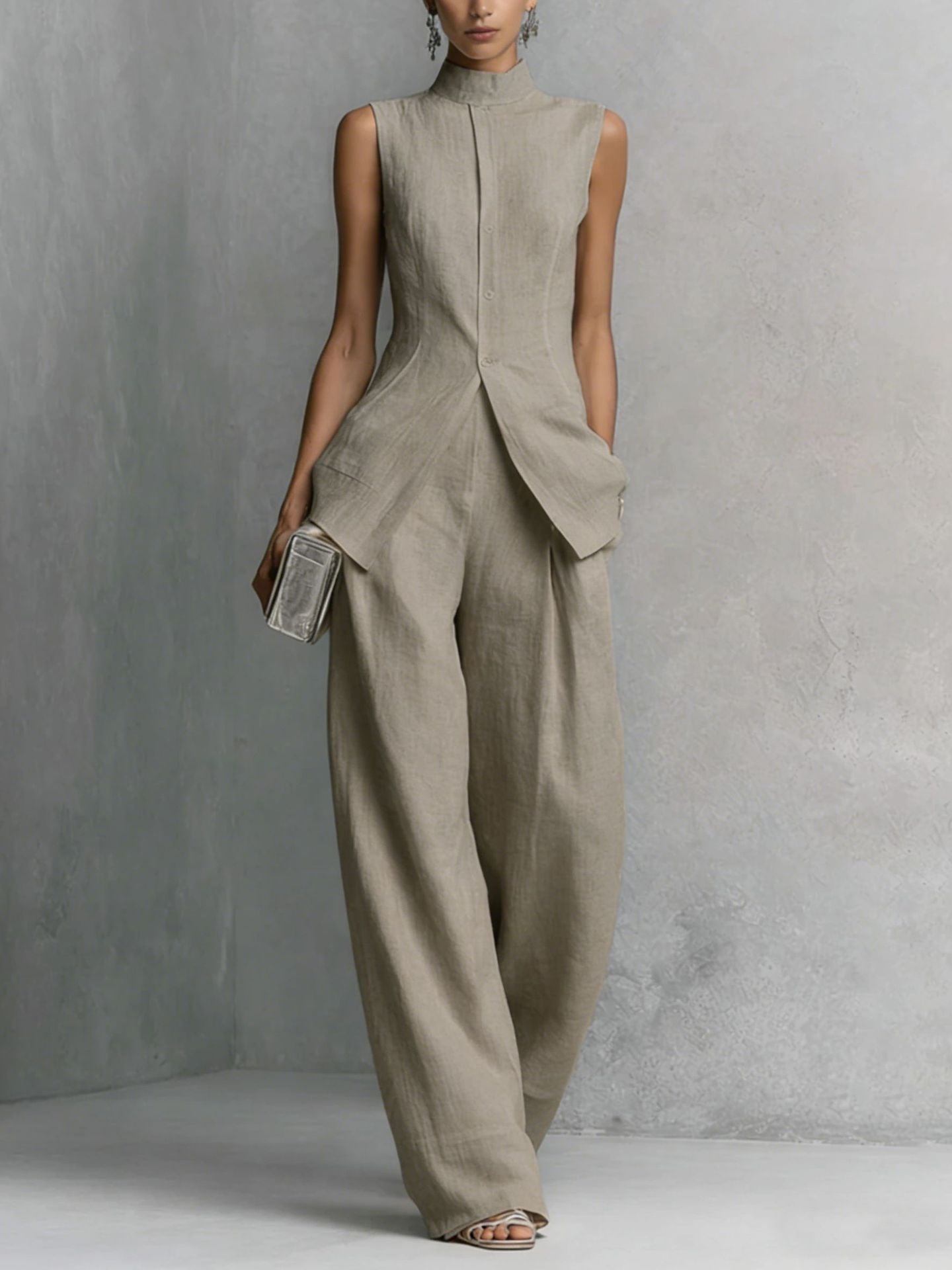Solid color sleeveless pants set 