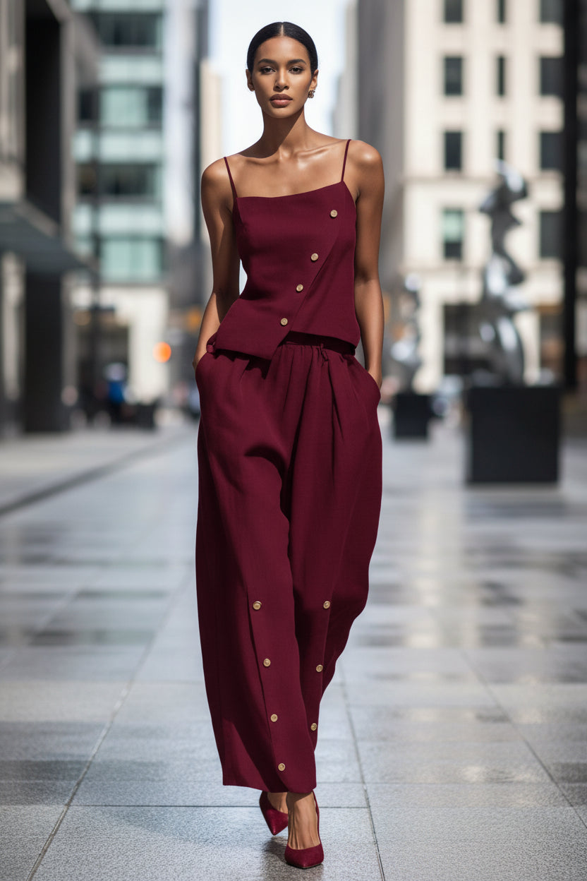 Gold-buckle Decorated Camisole And Pants Set 