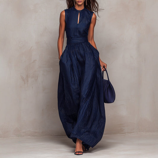 Deep Blue Striped Sleeveless Waist-Cinched Wide-Leg Jumpsuit 