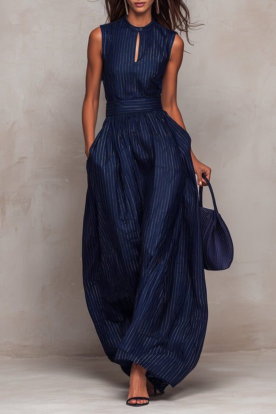 Deep Blue Striped Sleeveless Waist-Cinched Wide-Leg Jumpsuit 