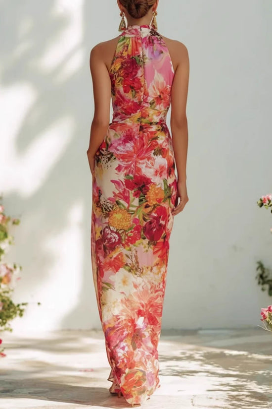 Elegant Floral Strapless Sleeveless Fitted Chiffon Dress 