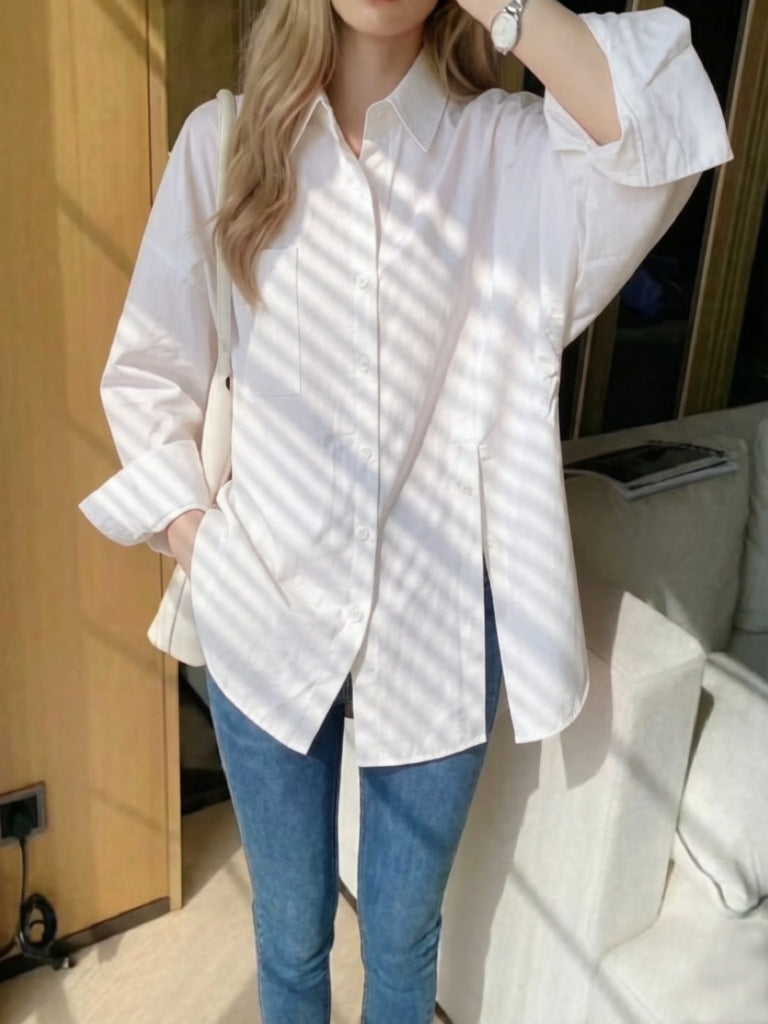 New women's solid color long sleeved shirt with button side slit 