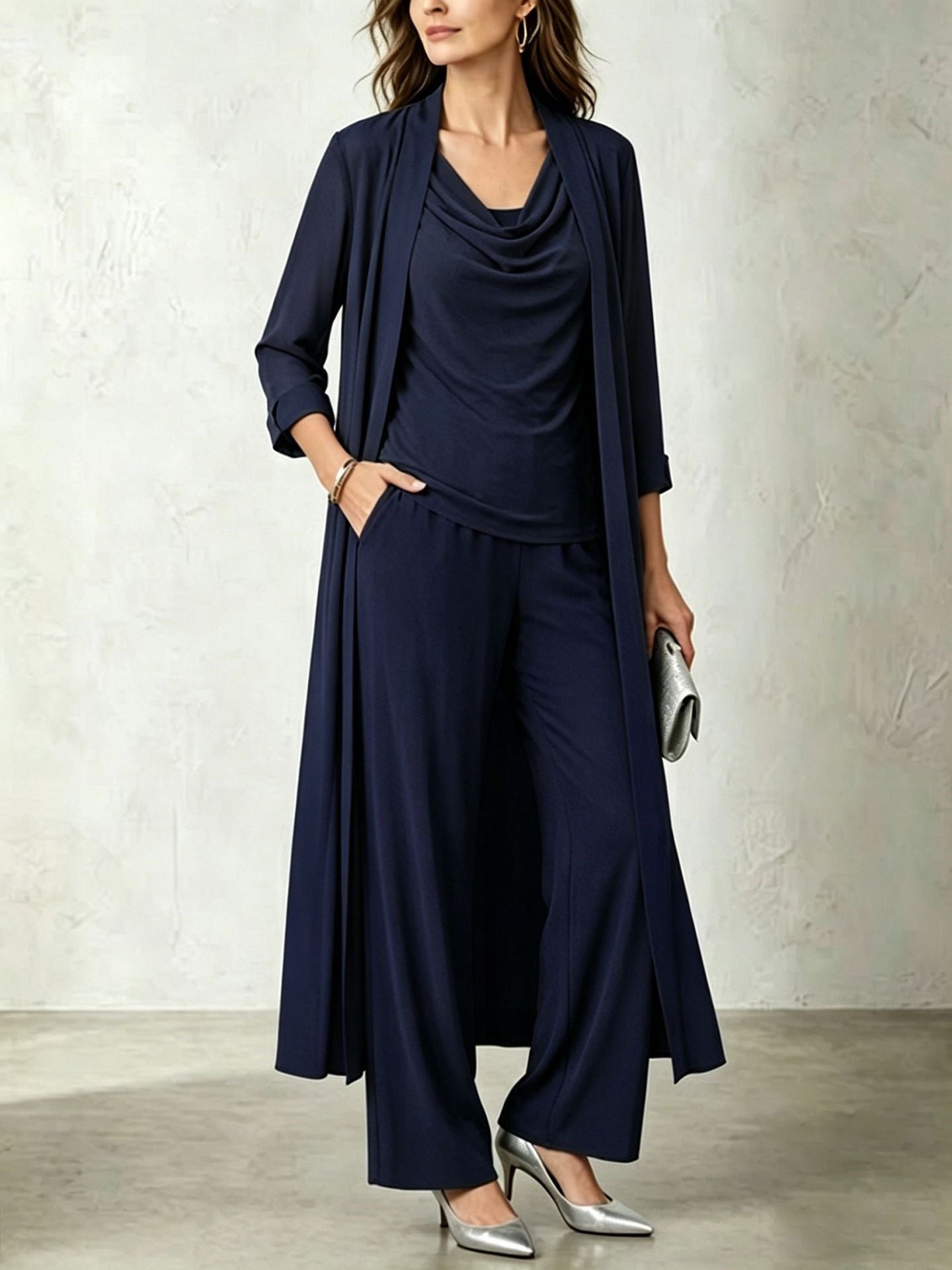 Long sleeved swing collar top long cardigan jacket long pants three piece set 