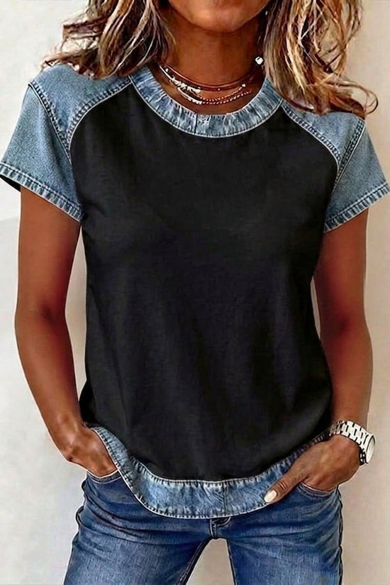 Retro Denim Patchwork Short-sleeve With Creative Elements 