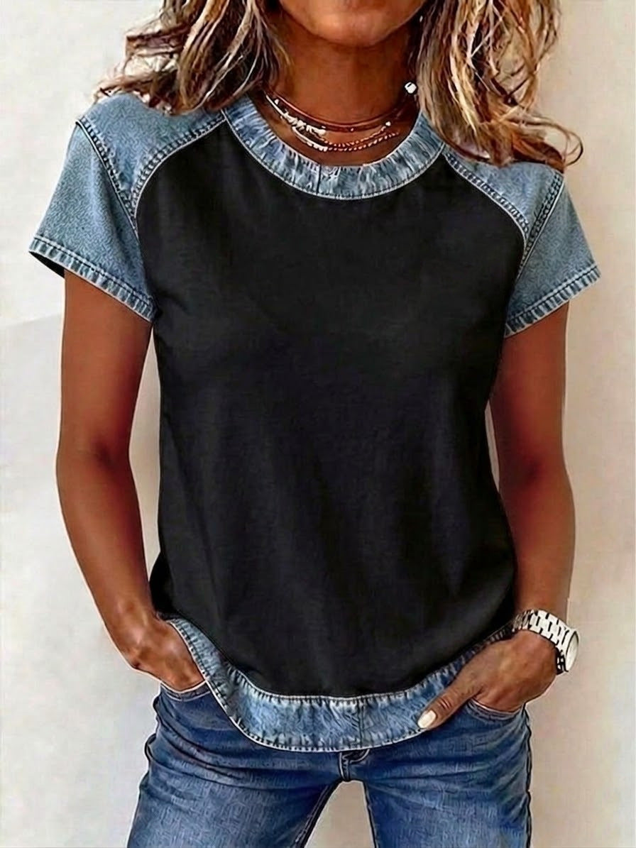 Retro Denim Patchwork Short-sleeve With Creative Elements 