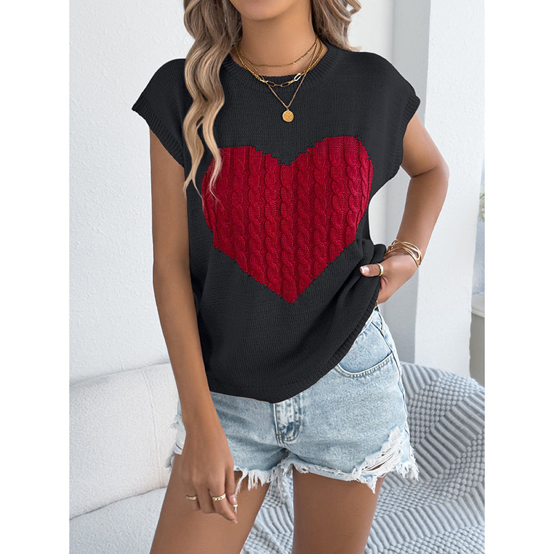 Women's Heart Color Block Knit Top - Casual Sleeveless Valentine Shirt 