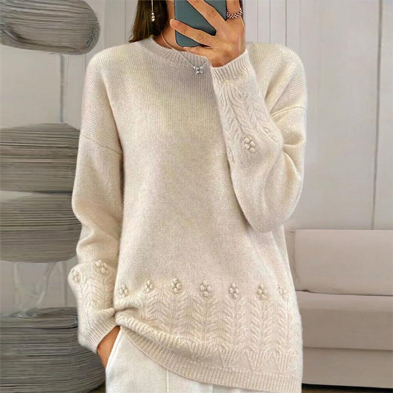 Women's Solid Color 3D Floral Embroidered Sweater, Loose Round Neck Long Sleeve Pullover For Autumn & Winter CJ US