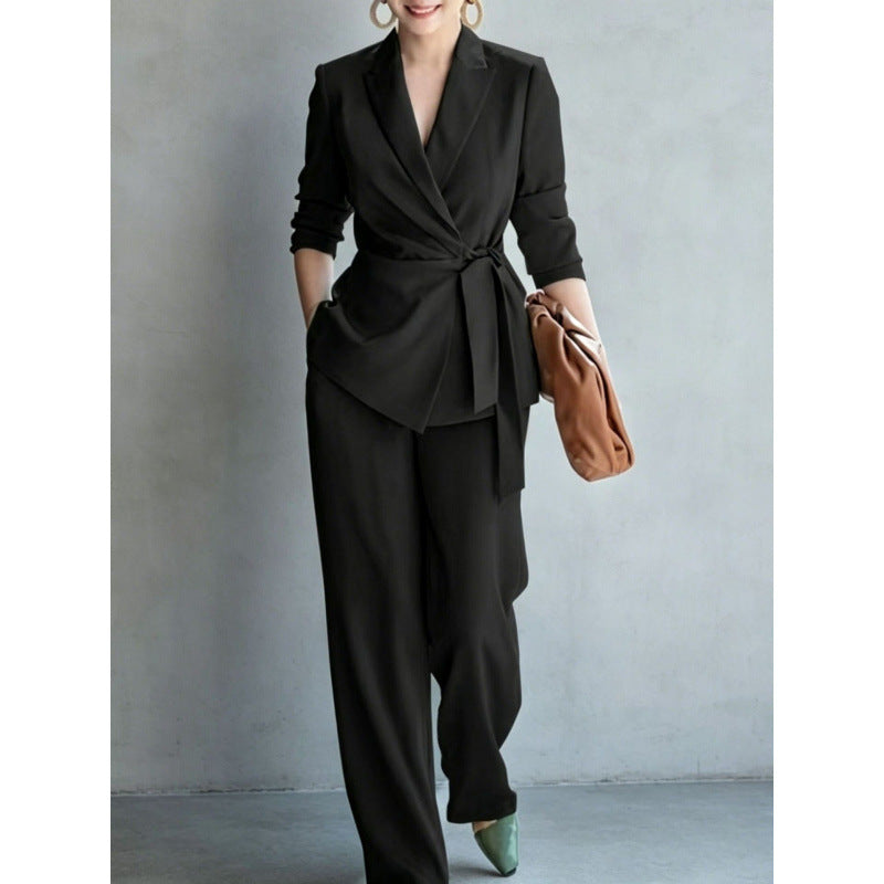 Fashionable Elegant Women's Casual Solid Color Suit Set with Belted Top and Pants 
