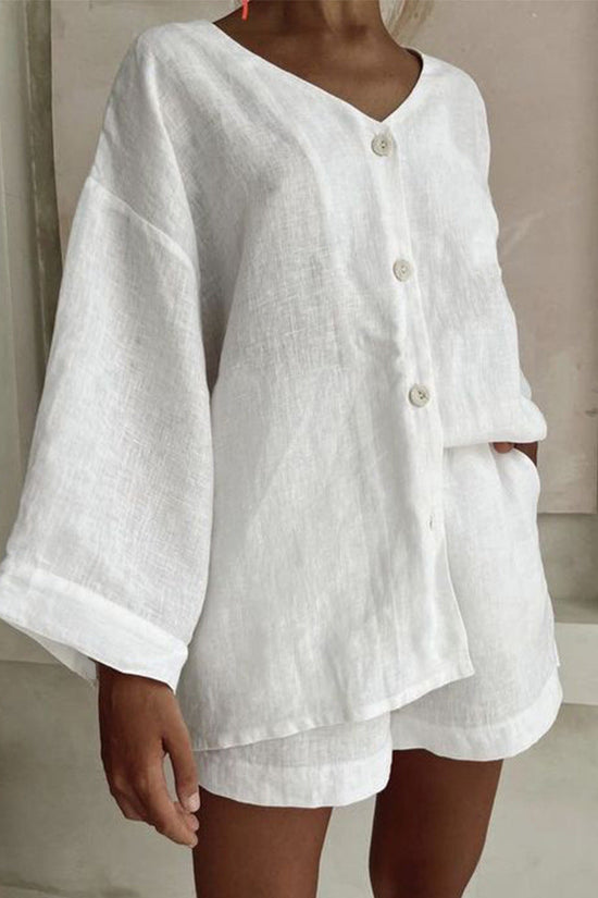 Fashionable Cotton-Linen Shirt And Shorts Casual Set 