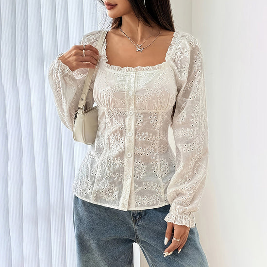 Women's Square Neck Puff Sleeve Eyelet Lace Hollow Out Button Top Blouse 