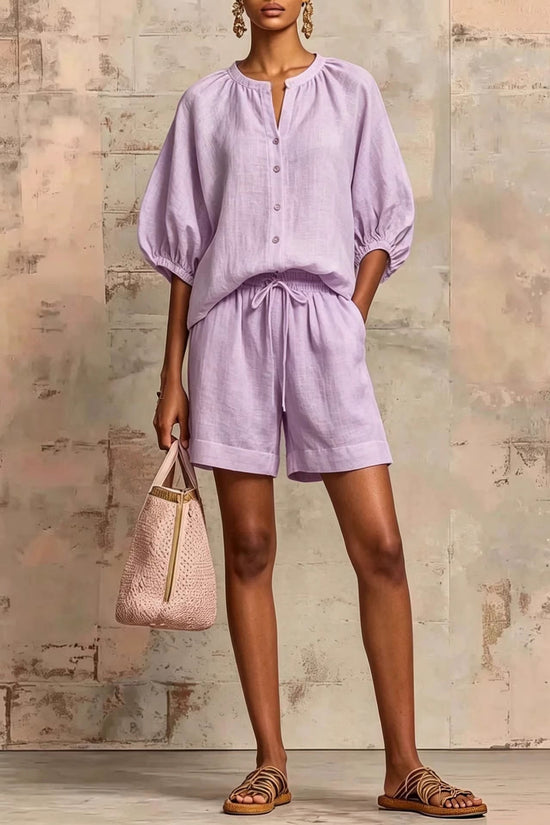 Fashionable Cotton-Linen Lantern-Sleeve Shirt And Mid-Waist Drawstring Shorts Set 