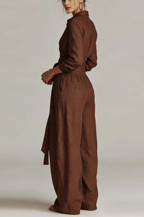 Solid color collar top high waisted pants two-piece set 